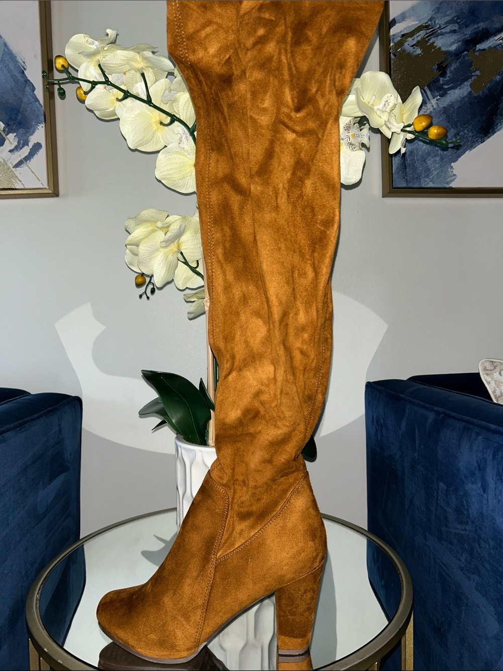 Breckelles Over-the-Knee Suede Block Heel Boot - Cognac Brown - Picture 1 of 1